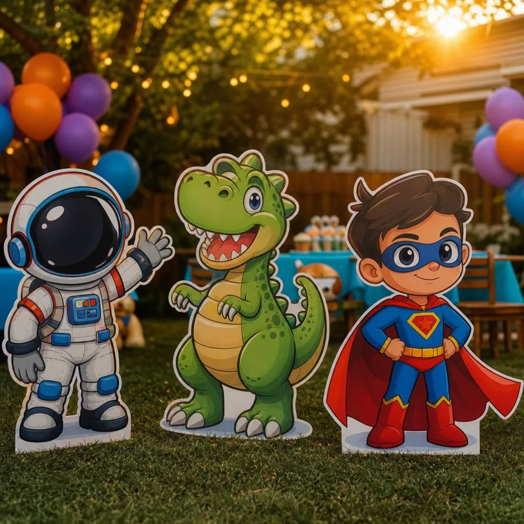 Figuras de coroplast de astronauta, dinosaurio y superhéroe en un cumpleaños